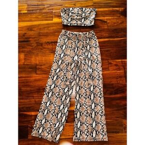 ReVamped Snakeskin Print 2 Piece Set Womens Medium Tan Black Wide Leg Bandeau